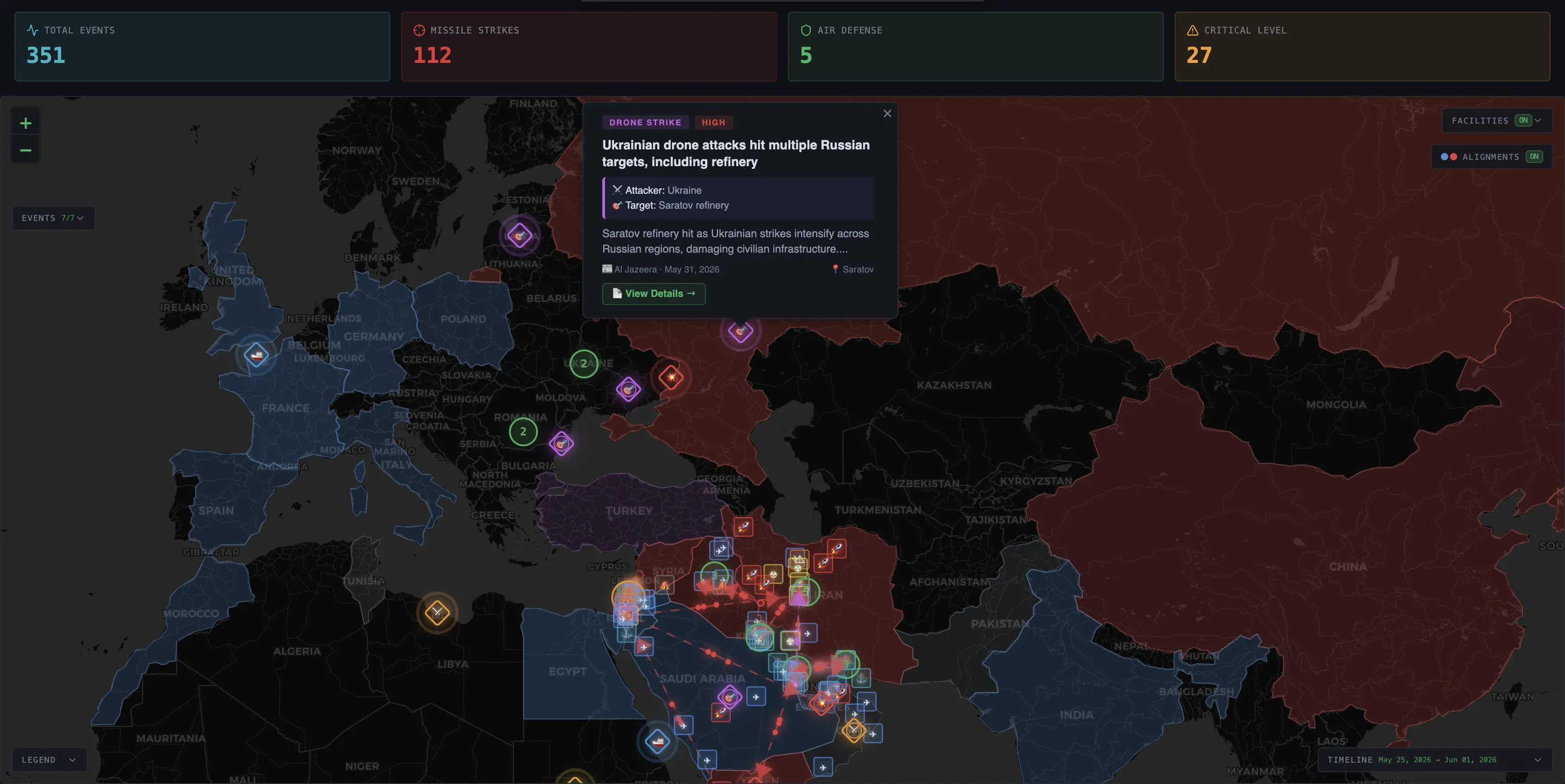 Global event layer with drone, missile and movement tracks, and a detail card per event.